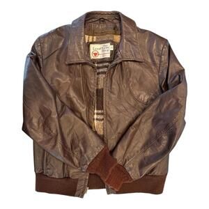 Vintage 70s 80s Sears Leather Shop Brown Leather Bomber Jacket Plaid Lined 40R